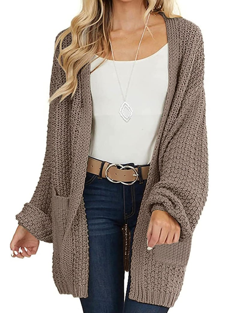MEROKEETY Women's 2025 Fall Open Front Chunky Knit Sweater Oversized Lantern Sleeve Cardigan Outwear, Mocha, Medium - Image 1